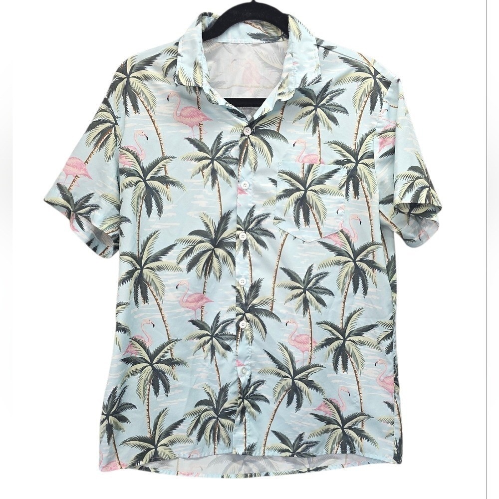 Tropical Flamingo Palm Button up Blue Short‎ Sleeve Med Chest Pocket Hawaiian
